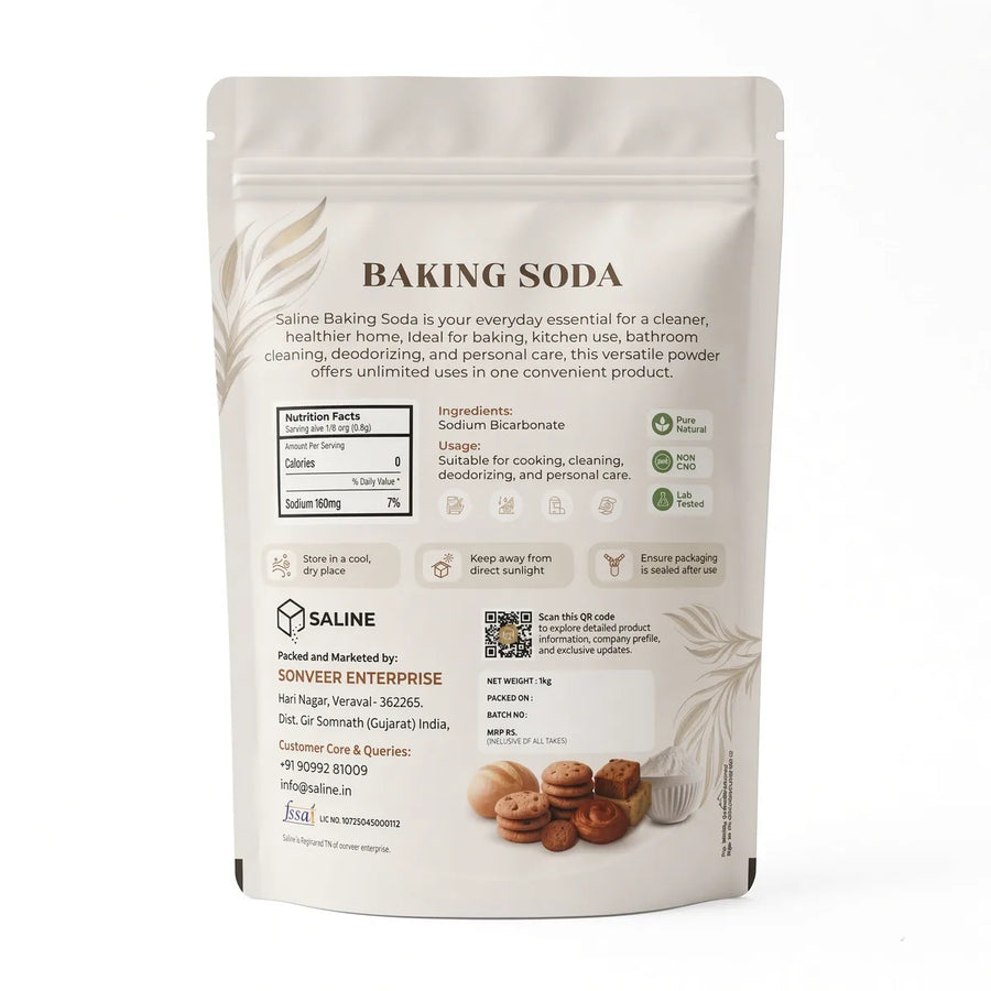 SALINE food grade baking soda (sodium bicarbonate) 1kg pack, back of pack