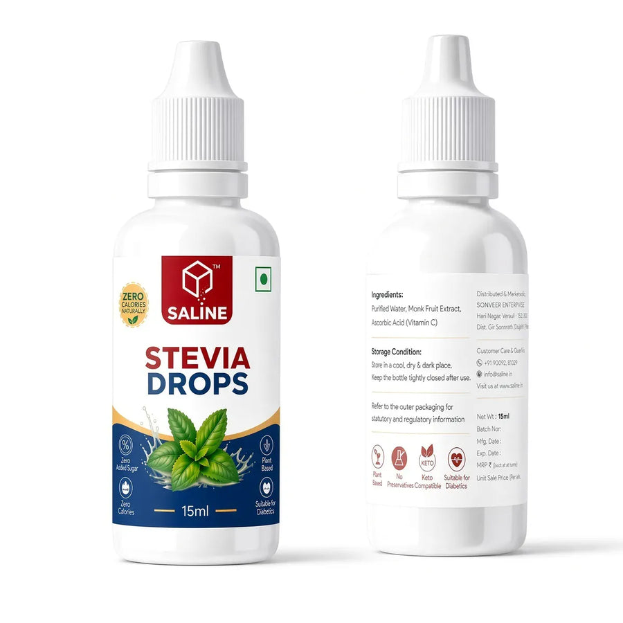 SALINE stevia drops 15ml bottle, front and back of pack